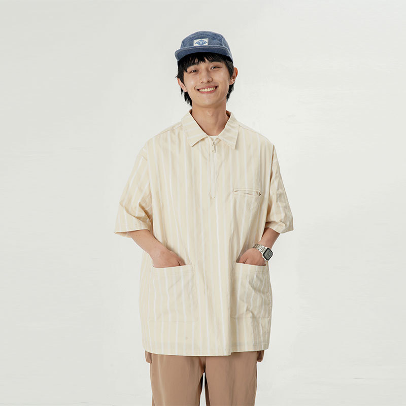 FORN3 2025夏季新款男条纹印花翻领衬衫日潮休闲半开领短袖衬衣图片