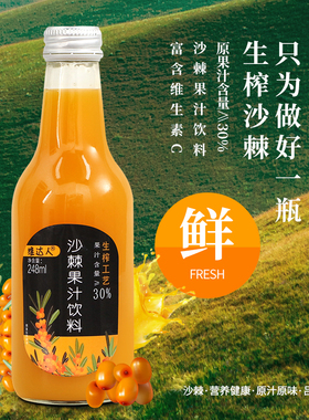 维达人沙棘果汁饮料248mlx10装玻璃瓶酸甜富含VC果汁整箱山西产