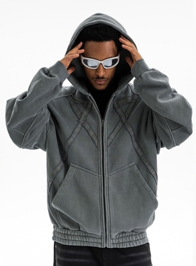 Glowing Box 美式潮牌重工水洗刺绣加绒开衫卫衣拉链连帽休闲外套