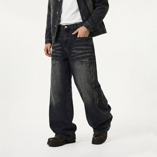 Glowing Box 2026SS 炭黑猫须贴袋烫钻牛仔裤水洗做旧阔腿休闲裤