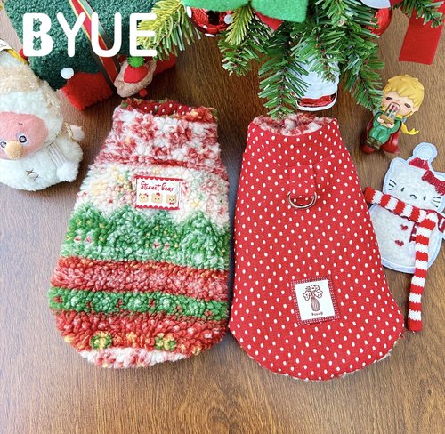 BYUE宝悦「圣诞双面绒」红绿绒波点红双面穿保暖宠物衣服猫咪狗狗