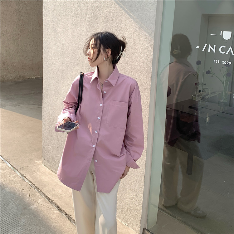 實價實拍 早春新款純色百搭寬鬆疊穿襯衫女