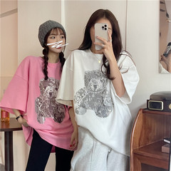 Real shot real price hot drill design bear cotton crew neck solid color short sleeve T-shirt