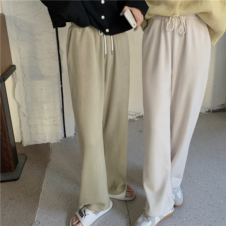 Real price shooting high waist showing thin wide leg knitting Korean thin belt straight pants thickened casual pants