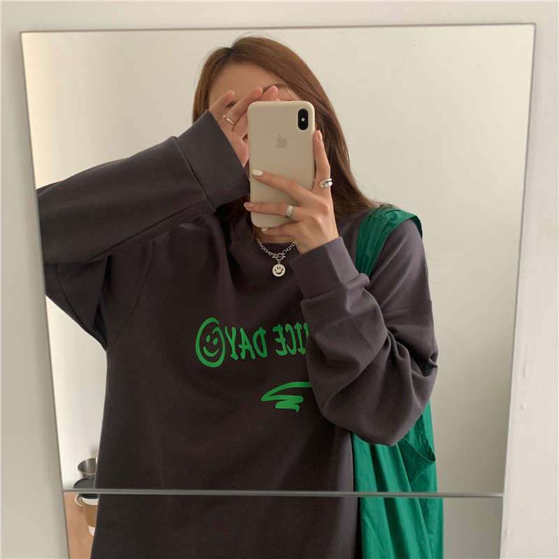 Real price smiley face letter print split solid long sleeve thickened loose bottomed T-shirt