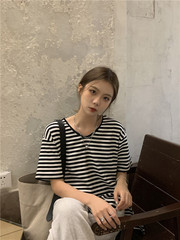 Real price spring versatile loose split stripe short sleeve T-shirt