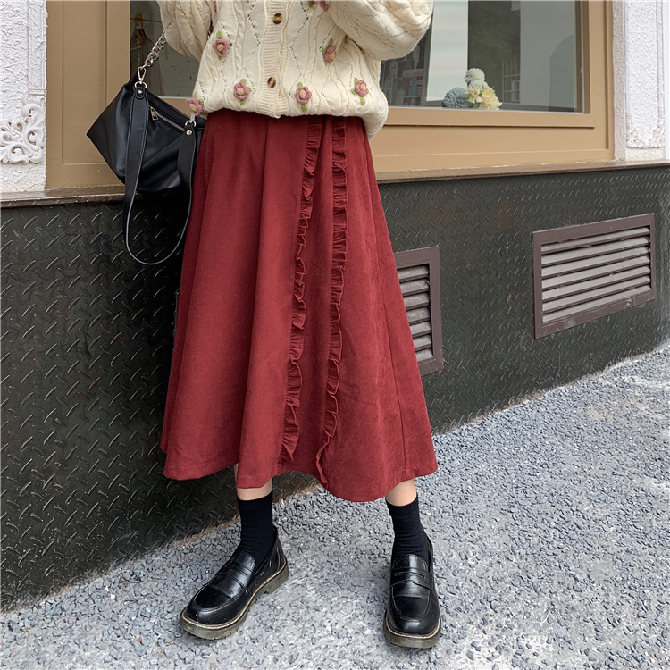 Real price real shot one button bathrobe type heavy woolen overcoat + wooden ear edge wine red light core velvet fluffy skirt