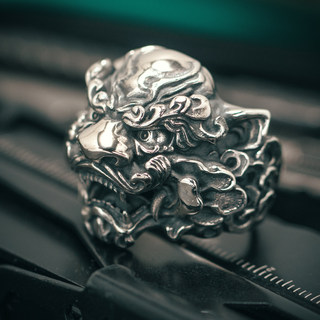 S925纯银唐狮戒指男士霸气个性饰品朋克刺青松岩原创设计 K定制版