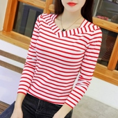 长袖 女装 条纹t恤女早秋新款 显瘦V领百搭体恤打底衫 潮 修身 95棉韩版