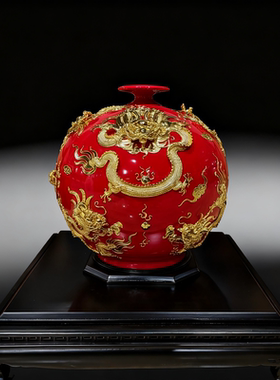 中式金箔九龙陶瓷花瓶摆件