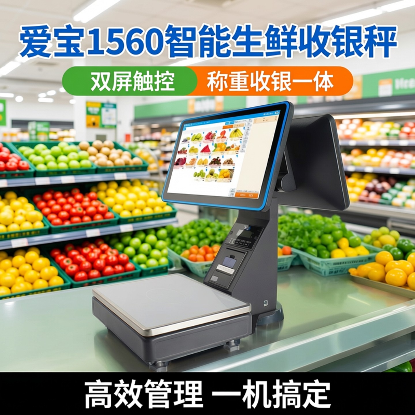 爱宝1560水果店称重收银机一体机专用蔬菜生鲜超市熟食店智能PC电子秤系统管理设备小型双屏商用触摸收款机
