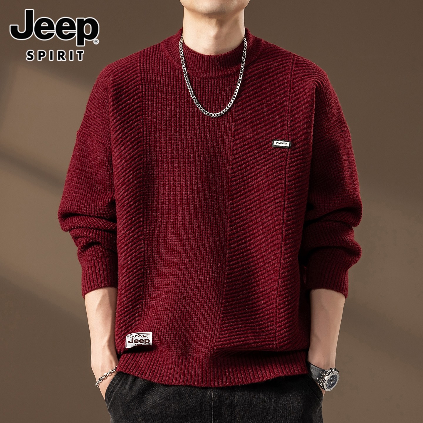 JEEPSPIRIT高端红色毛衣男士2026冬季轻商务休闲内搭上衣针织衫男