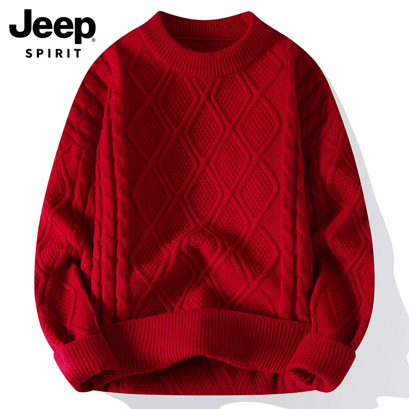JEEP SPIRIT本命年红色毛衣男士秋冬季麻花圆领线衣打底针织衫男