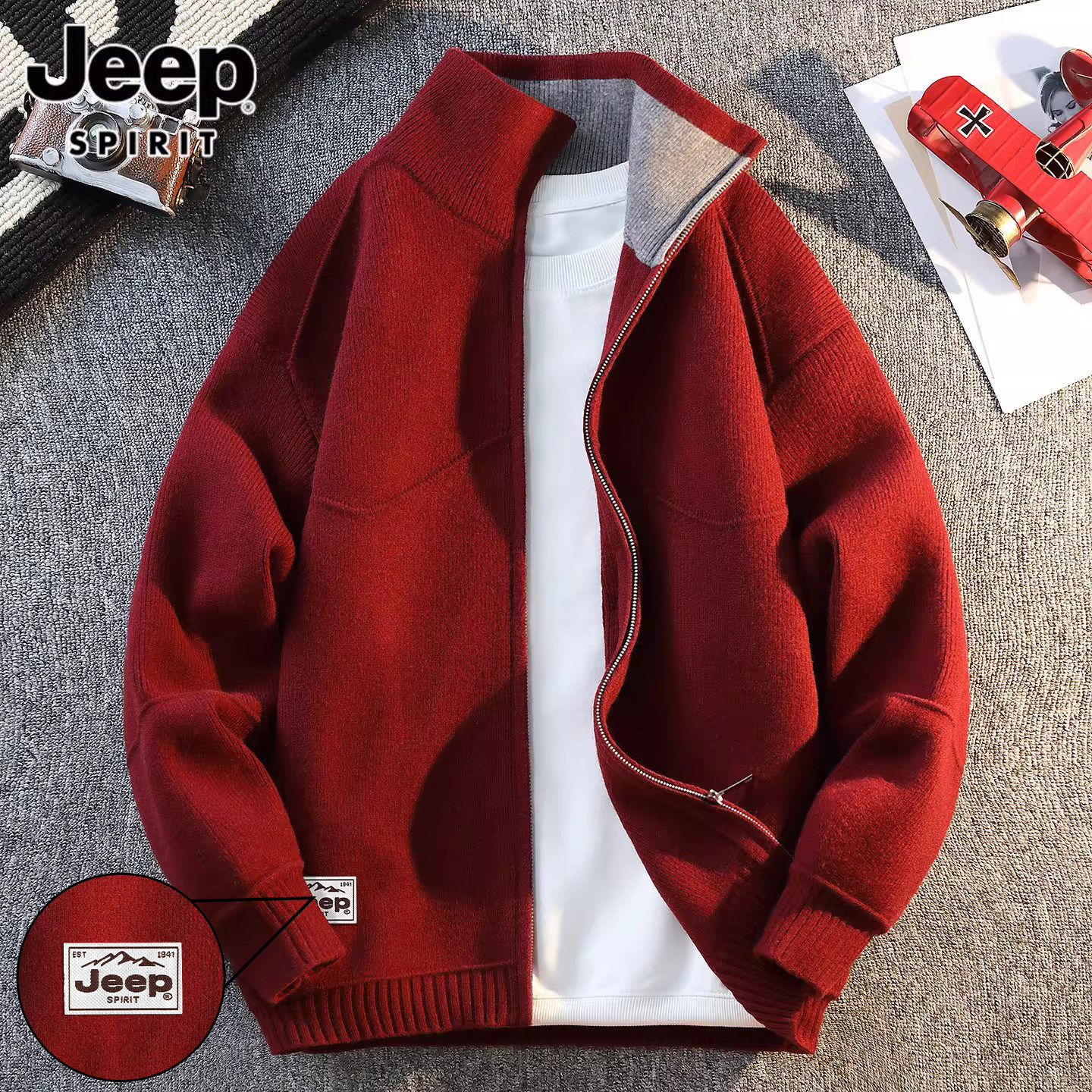 JEEPSPIRIT本命年红色毛衣男士2026冬季休闲韩版针织开衫男生外套