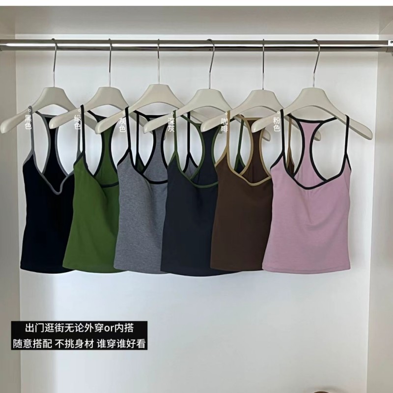 6667#韩社时髦撞色一体杯吊带背心女夏季舒适无钢圈美背内搭上衣