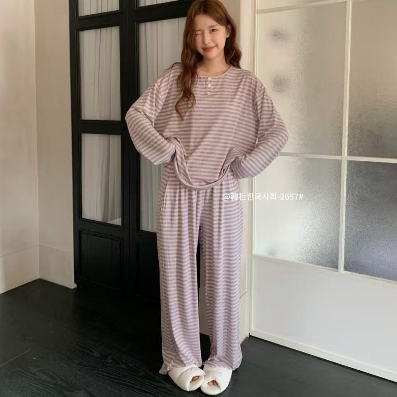 2657#韩社秋冬条纹休闲宽松长袖长裤人棉家居服女舒适圆领睡衣