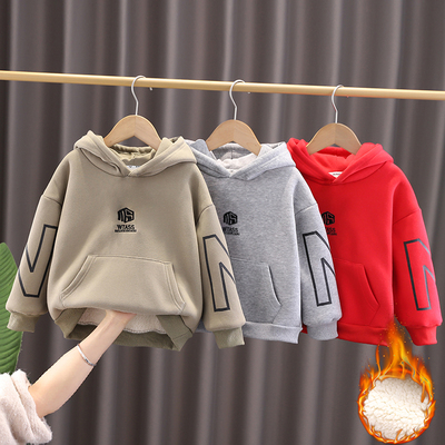 【姐弟款】男女童加绒加厚连帽卫衣中大童冬羊羔绒休闲洋气上衣潮