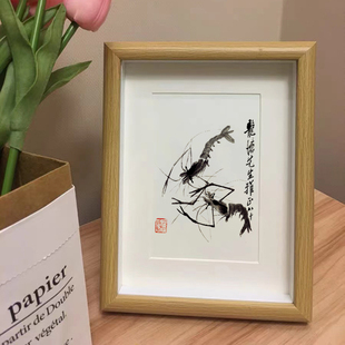 齐白石画虾蟹写意水墨装饰画瓜果葫芦桌面相框摆件书房小摆台挂画