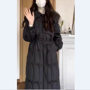 羽绒服女2025冬加厚小个子海军大翻领娃娃领中长款白鸭绒外套黑色