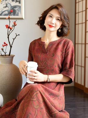 新中式香云纱桑蚕丝国风盘扣连衣裙女2025新款夏季中长款气质长裙