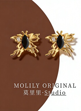 甜酷风黑色锆石耳钉铜镀金时尚个性小众设计感蝴蝶造型耳坠饰品