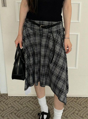 欧美学院风格纹撞色不规则少女半身裙复古低腰百搭显瘦休闲中长裙
