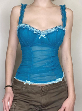 纯欲性感蓝色小吊带背心女秋季内搭外穿辣妹蕾丝花边短款无袖上衣