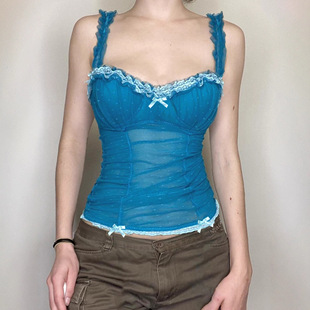 纯欲性感蓝色小吊带背心女秋季内搭外穿辣妹蕾丝花边短款无袖上衣