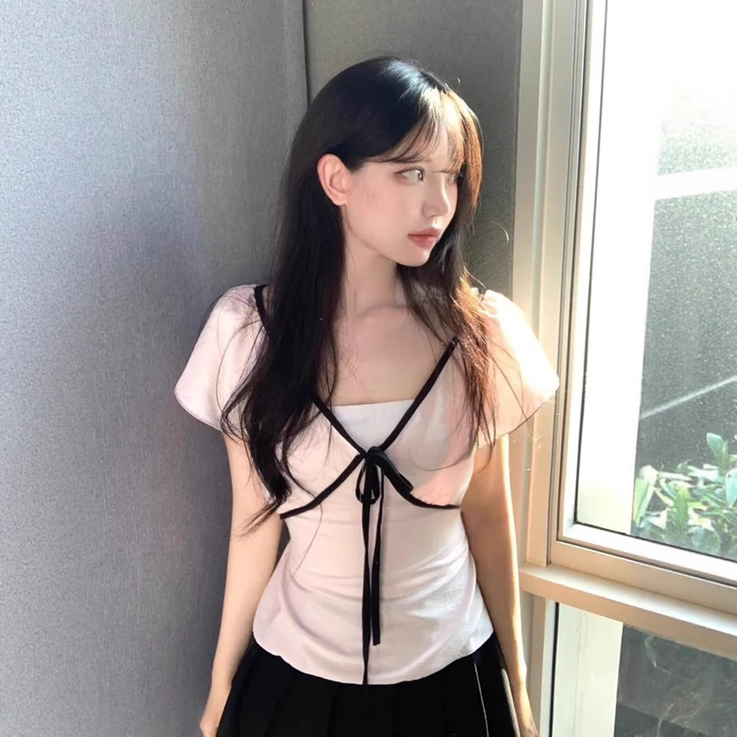 韩系少女绑带撞色甜美薄款上衣女2025夏季新品撞色胸型短袖V领T恤