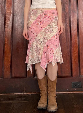 ins小众拼色针织半裙印花百搭设计感不规则显瘦粉色碎花A字半身裙