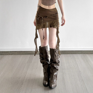 欧美废土复古棕色不规则针织半身裙秋季新款串珠腰带修身包臀短裙