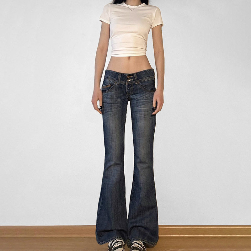 欧美新款街头做旧水洗低腰显瘦微喇牛仔裤复古修身提臀休闲长裤女