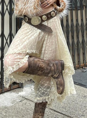 法式古典宫廷风A字裙秋季低腰纯色蕾丝多层休闲不规则边半身裙女