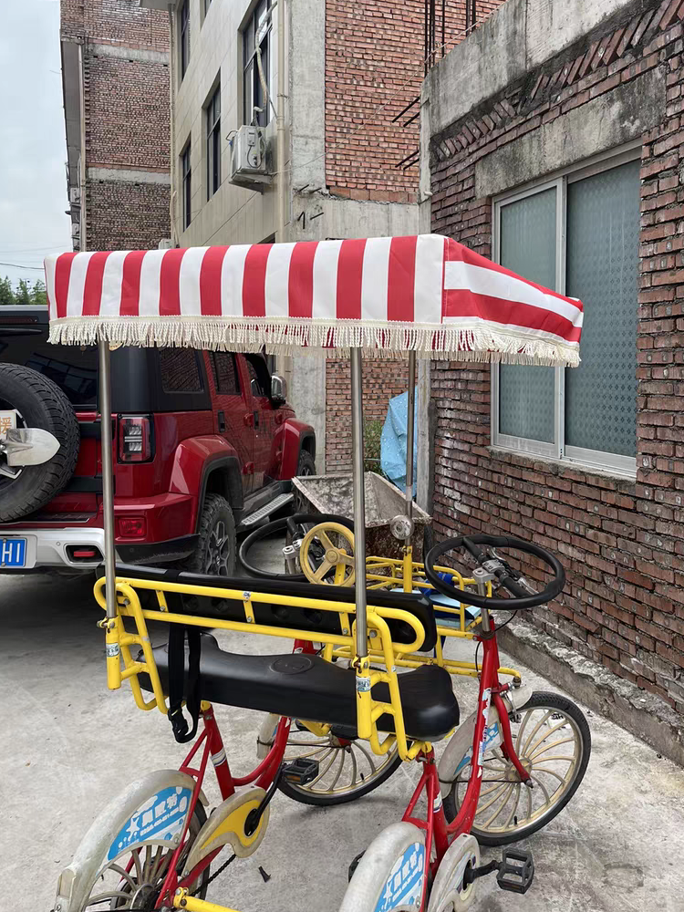 红白条纹自行车篷布订做观光车篷布