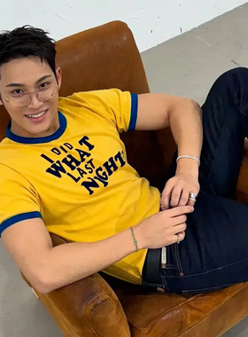 seventeen金珉奎同款亮黄色撞色短袖T恤男女宽松休闲半袖t崔然竣