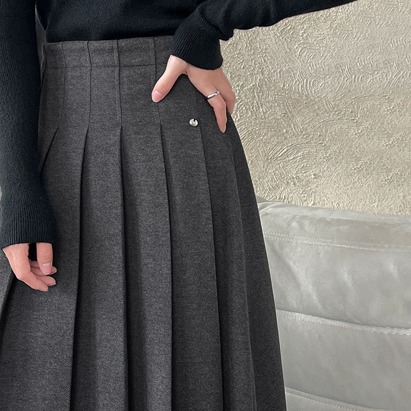 韩系呢料百褶半身裙女高腰A字长裙通勤基础百搭高级灰色半松紧新