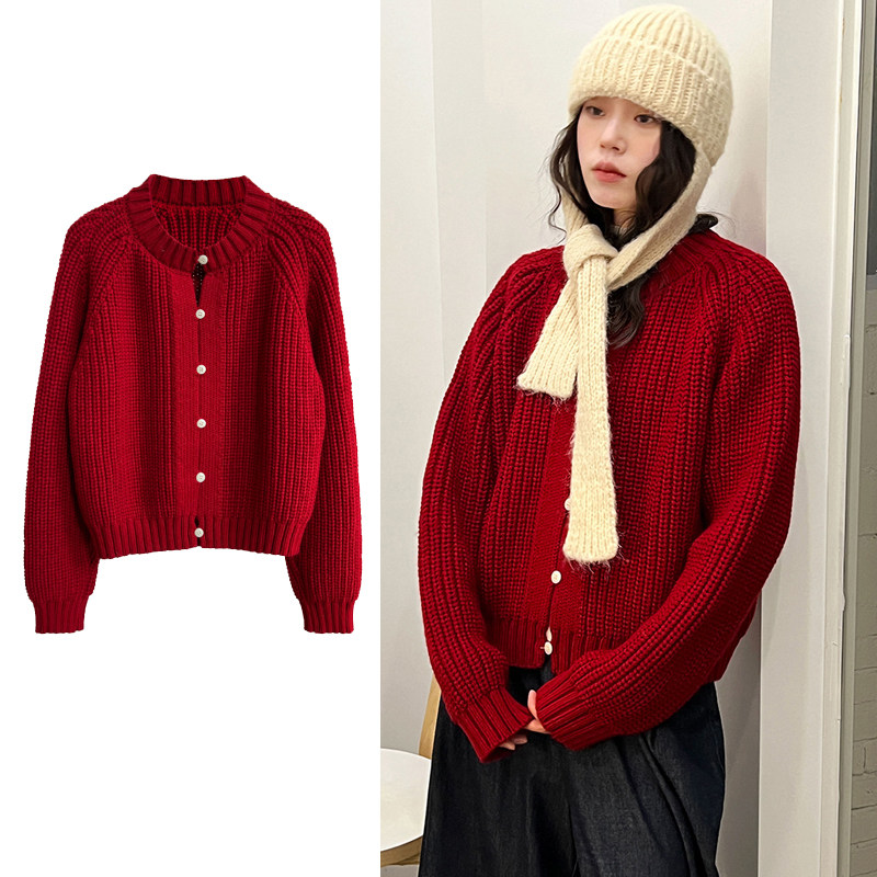 圣诞过年酒红色粗针开衫女韩系复古圆领单排扣宽松加厚毛衣高级感