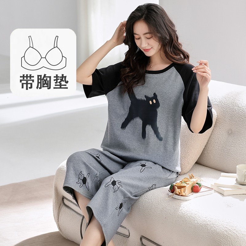带胸垫睡衣女士纯棉短袖七分裤卡通可外穿夏天宽松大码家居服套装