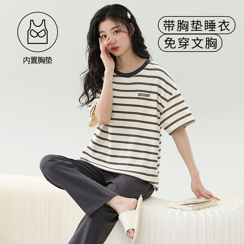 带胸垫睡衣女夏季薄款纯棉短袖长裤韩版可爱夏天裤全棉家居服套装