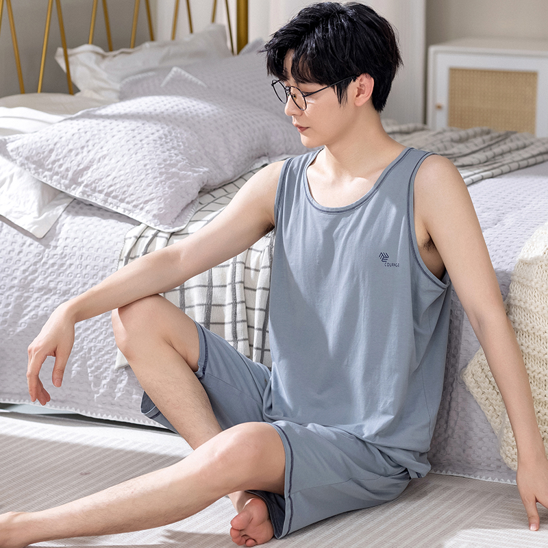 莫代尔睡衣男夏季无袖背心加肥大短裤家居服薄款外穿冰丝凉感套装