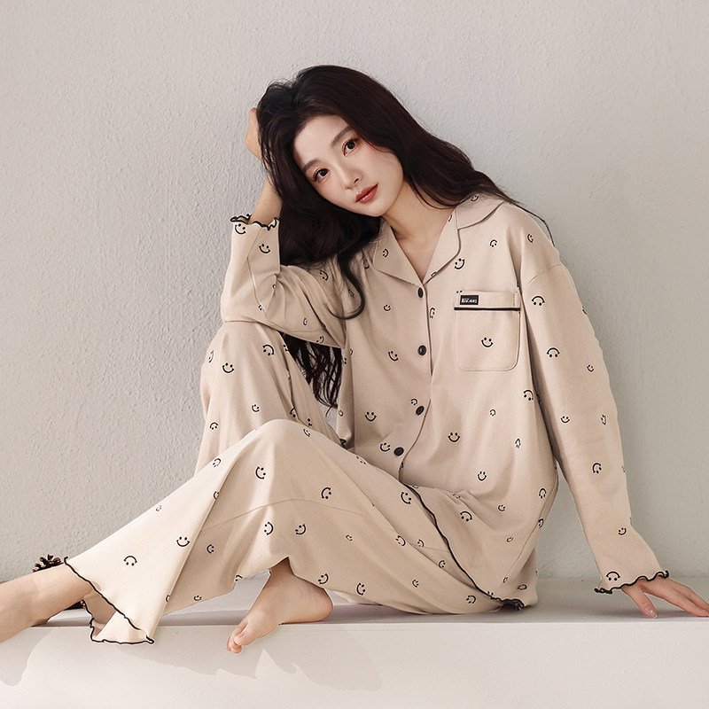 睡衣女春秋款纯棉长袖卡通可爱简约开衫翻领全棉大码家居服两件套