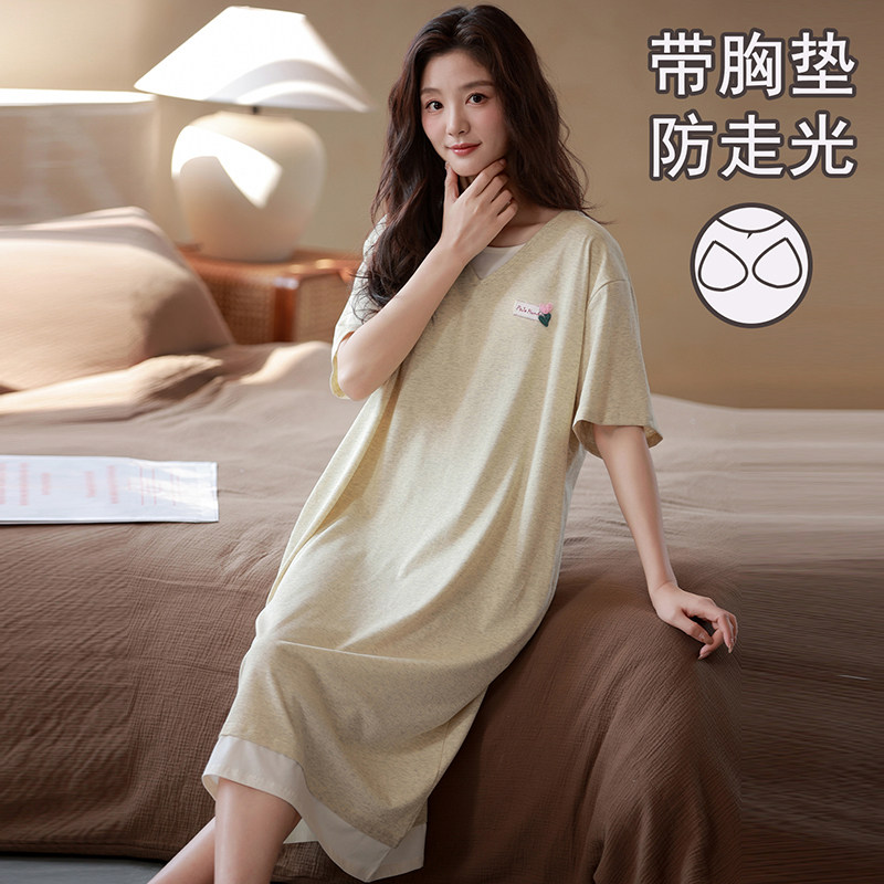带胸垫睡裙女士夏季纯棉短袖薄款可外穿孕妇夏天连衣裙睡衣长裙