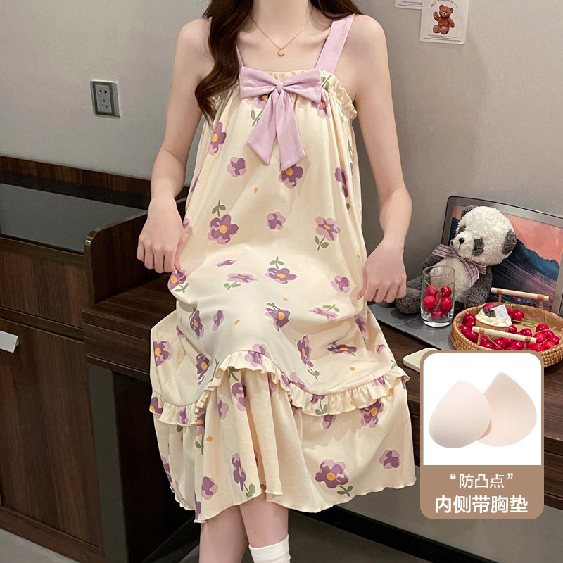 吊带睡裙女士春夏款2025年夏季纯棉中长款蝴蝶结连衣裙全棉家居服
