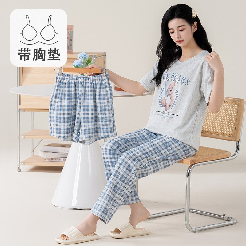 夏季纯棉带胸垫睡衣女休闲简约套头短袖短裤长裤三件套装家居服