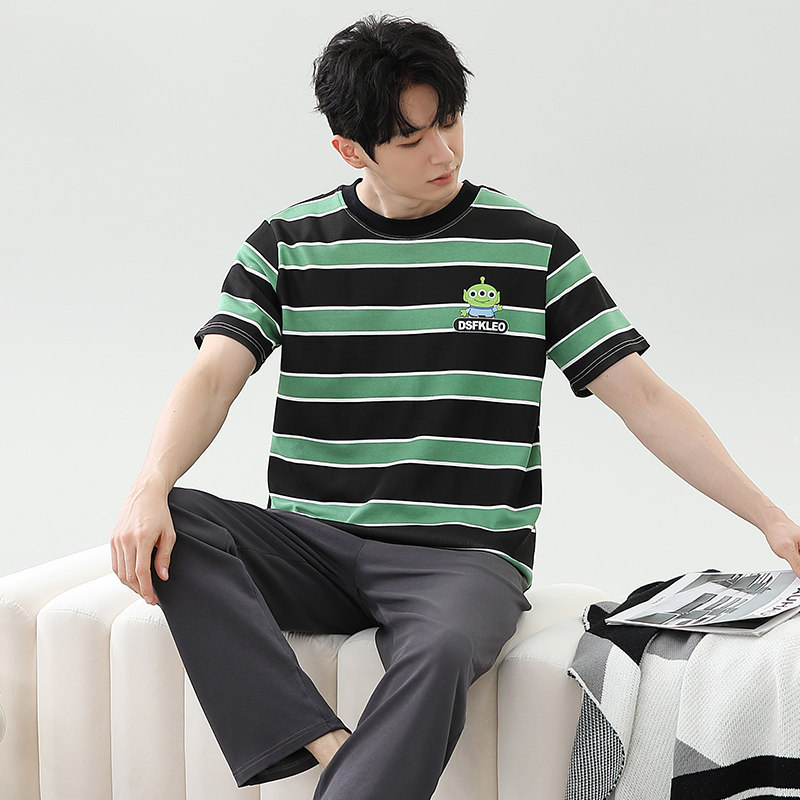 睡衣男夏季纯棉薄款短袖长裤全棉家居服夏天时尚卡通条纹男士套装
