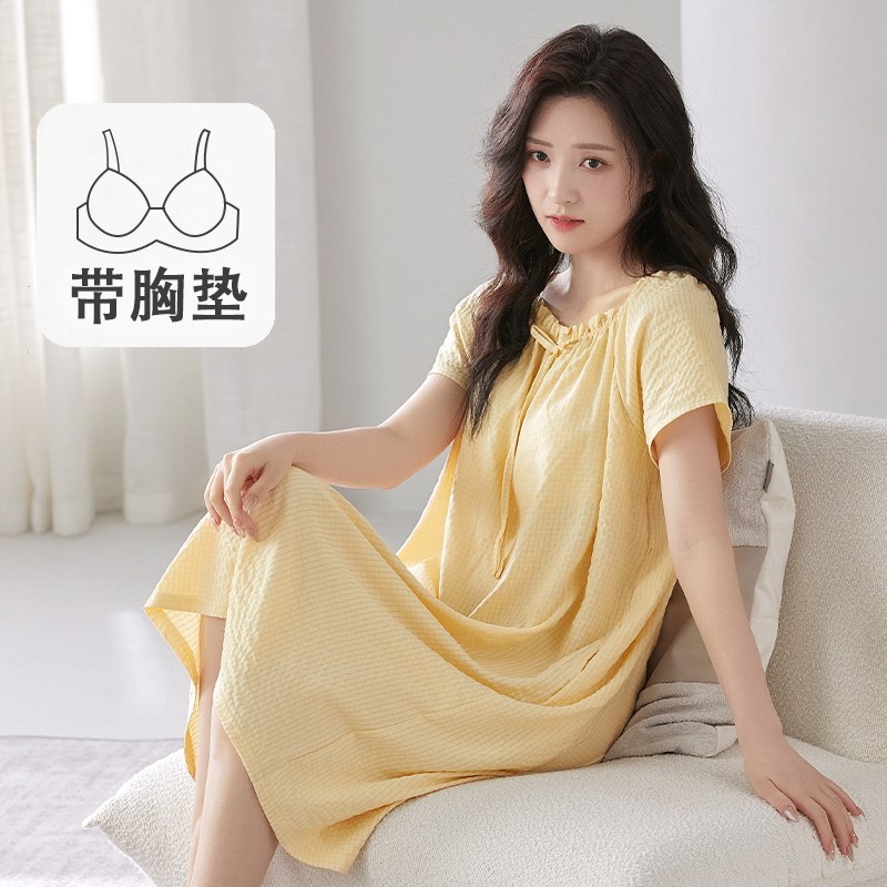 短袖睡裙女款夏季纯棉自带胸垫2026年新款夏款夏天性感孕妇睡衣女