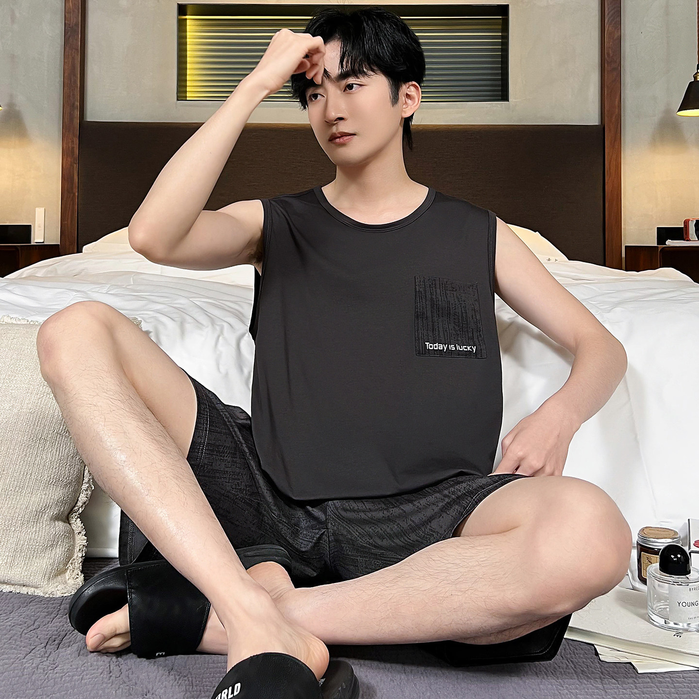 睡衣男士夏季莫代尔薄款背心短裤休闲青年家居服夏天可外穿套装