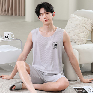 睡衣男款夏季薄款凉感背心螺纹冰丝短裤男士无袖可外穿家居服套装