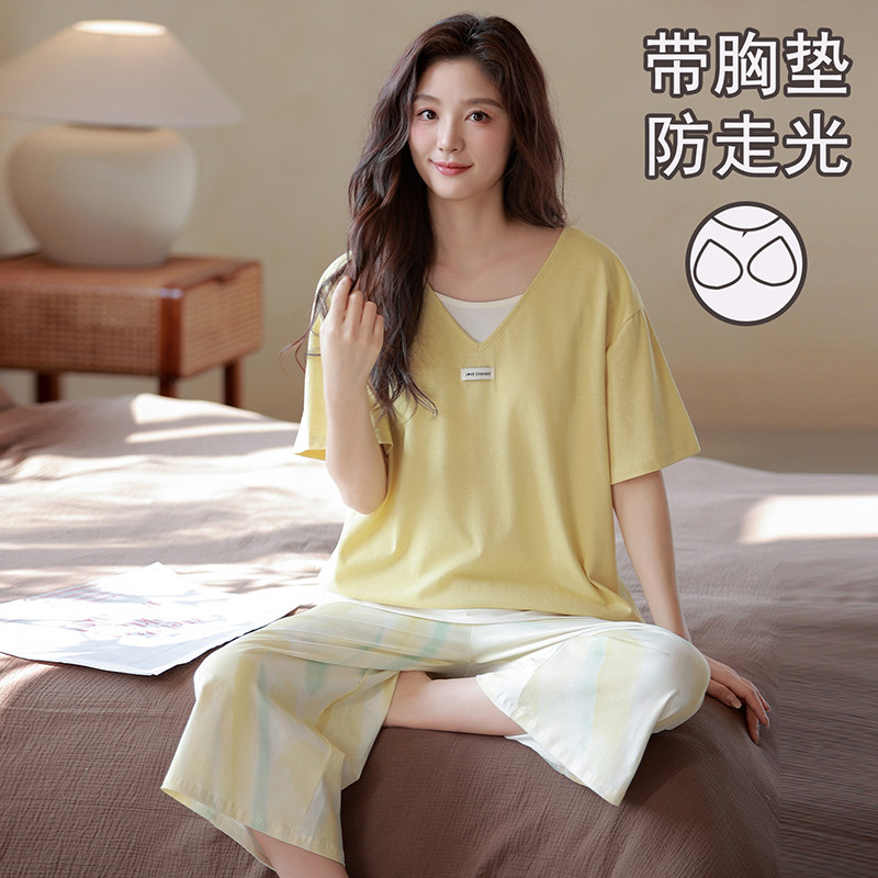 带胸垫女纯棉睡衣夏款短袖七分裤免穿文胸卡通可爱休闲家居服套装