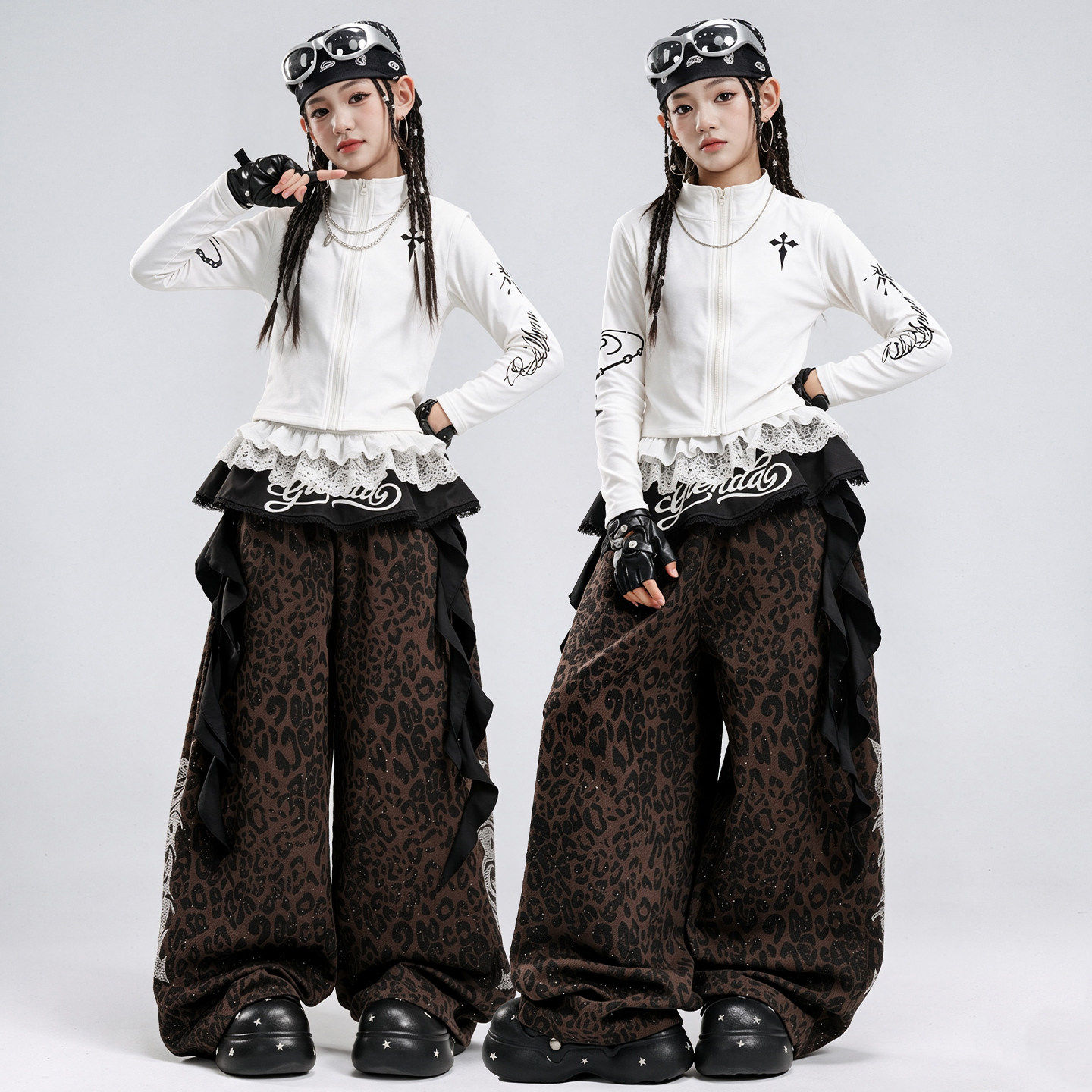 女童爵士舞服装模特走秀时髦夹克烫钻豹纹套装露脐女孩街舞表演服